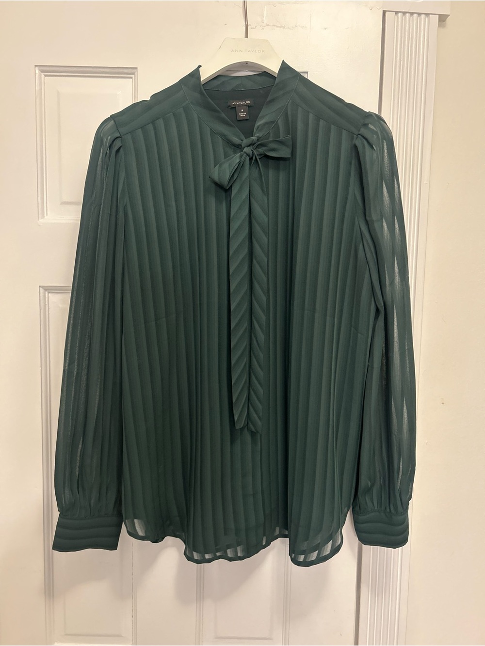 Ann Taylor Emerald Green Pleated Tie-Neck Blouse